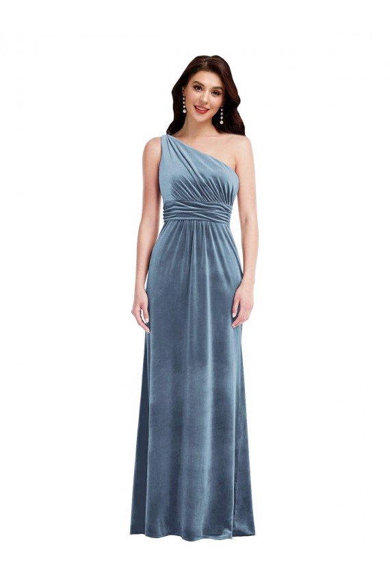 Compra Azul polvoriento línea A Hombros Descubiertos Terciopelo Elástico Largo Vestidos de dama de honor / Vestidos de fiesta