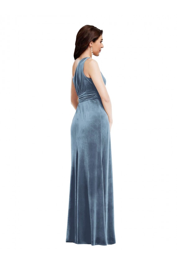 Compra Azul polvoriento línea A Hombros Descubiertos Terciopelo Elástico Largo Vestidos de dama de honor / Vestidos de fiesta
