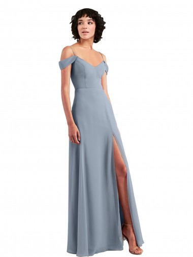 Azul polvoriento línea A Hombros Descubiertos Tirantes espagueti Gasa Largo Vestidos de dama de honor Venta