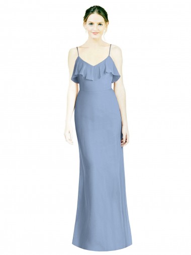 Azul polvoriento línea A Tirantes espagueti Cuello en V Gasa Largo Vestidos de dama de honor Venta