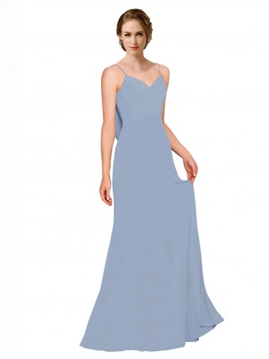 Azul polvoriento línea A Tirantes espagueti Gasa Largo Vestidos de dama de honor Venta