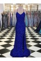 Compra Azul real Cubierta Cuello en V Barrer tren Lentejuelas Terciopelo Largo Vestidos de fiesta