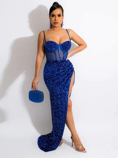 Azul real Cubierta Tirantes espagueti Barrer tren Lentejuelas Terciopelo Largo Vestidos de fiesta Venta