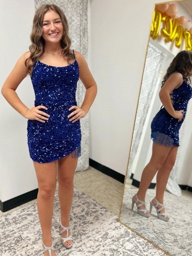 Azul real Cubierta Tirantes espagueti Corto Lentejuelas Terciopelo Corto Vestidos de fiesta Venta
