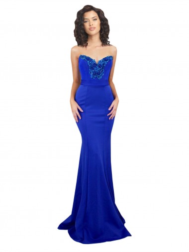 Azul real Sirena Cuello Alto Crepé Elástico Largo Formales Vestidos de dama de honor / Vestidos de fiesta Venta