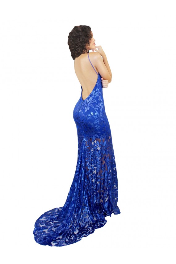 Compra Azul real Sirena Cuello Alto Encaje Largo Vestidos de dama de honor / Vestidos de fiesta