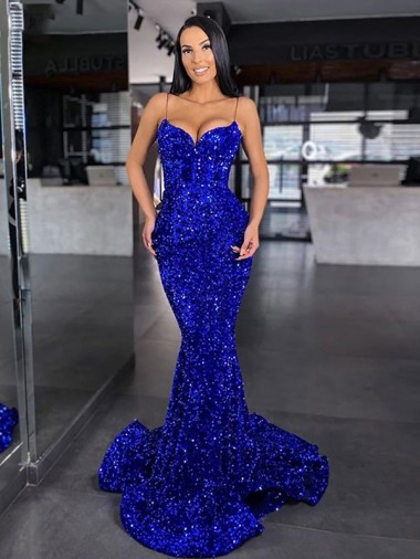 Azul real Sirena Tirantes espagueti Barrer tren Lentejuelas Terciopelo Largo Vestidos de fiesta Venta