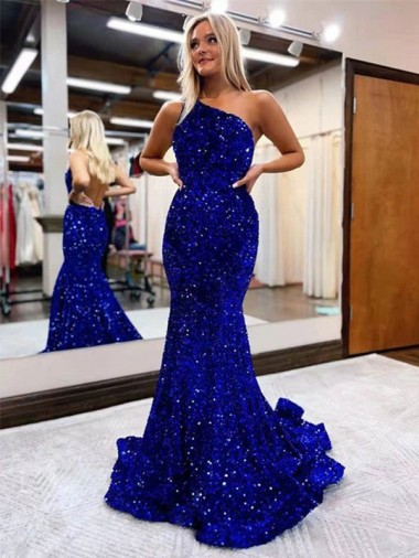 Azul real Sirena Un Hombre Barrer tren Lentejuelas Terciopelo Largo Vestidos de fiesta Venta
