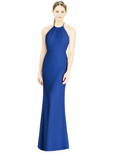 Azul real Trompeta Halter Cuello Alto Gasa Largo Vestidos de dama de honor Venta