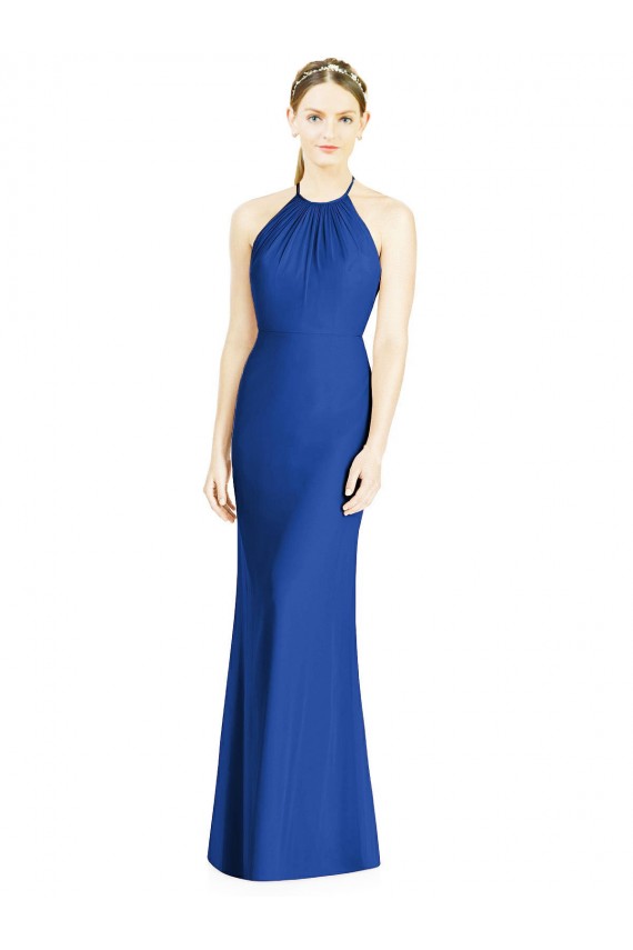 Compra Azul real Trompeta Halter Cuello Alto Gasa Largo Vestidos de dama de honor