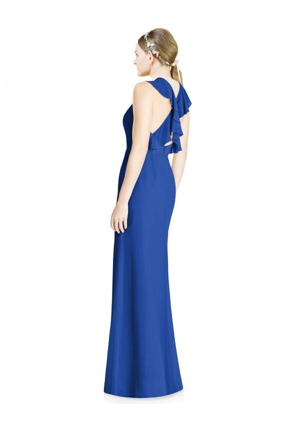 Compra Azul real Trompeta Halter Cuello Alto Gasa Largo Vestidos de dama de honor