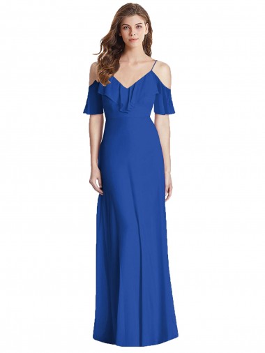 Azul real Trompeta Tirantes espagueti Cuello en V Gasa Largo Vestidos de dama de honor Venta