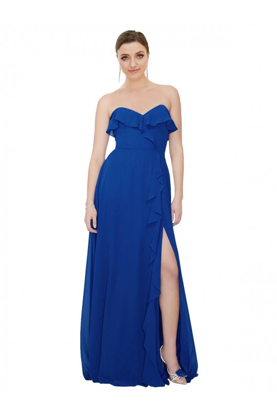 Compra Azul real línea A Cuello de Corazón Sin tirantes Gasa Largo Vestidos de dama de honor