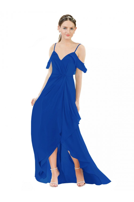 Compra Azul real línea A Cuello en V Gasa Largo Asimétrico Vestidos de dama de honor