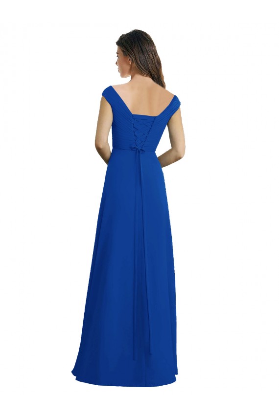 Compra Azul real línea A Cuello en V Gasa Largo Vestidos de dama de honor