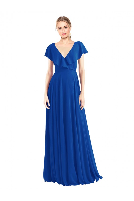 Compra Azul real línea A Cuello en V Gasa Largo Vestidos de dama de honor