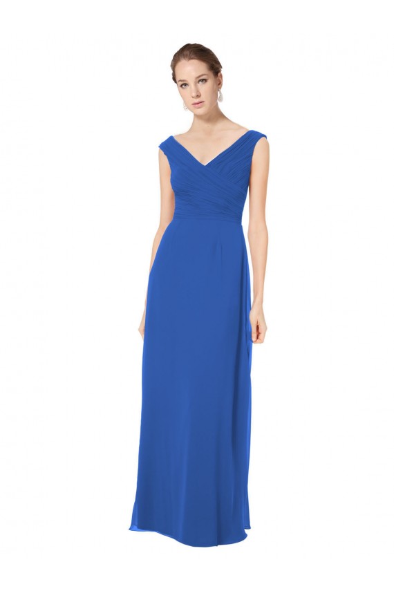 Compra Azul real línea A Hombros Descubiertos Cuello en V Gasa Largo Vestidos de dama de honor