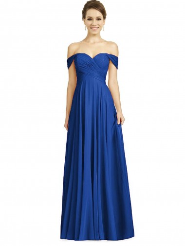 Azul real línea A Hombros Descubiertos Gasa Largo Vestidos de dama de honor Venta