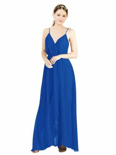 Azul real línea A Tirantes espagueti Cuello en V Gasa Largo Vestidos de dama de honor Venta