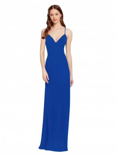 Azul real línea A Tirantes espagueti Cuello en V Gasa Largo Vestidos de dama de honor Venta