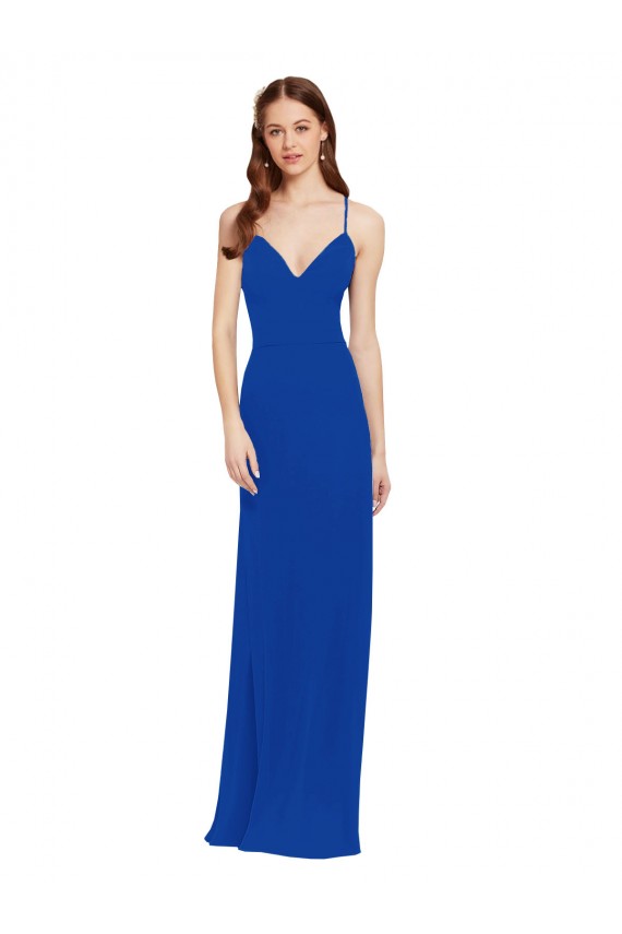 Compra Azul real línea A Tirantes espagueti Cuello en V Gasa Largo Vestidos de dama de honor