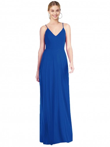 Azul real línea A Tirantes espagueti Cuello en V Gasa Largo Vestidos de dama de honor Venta