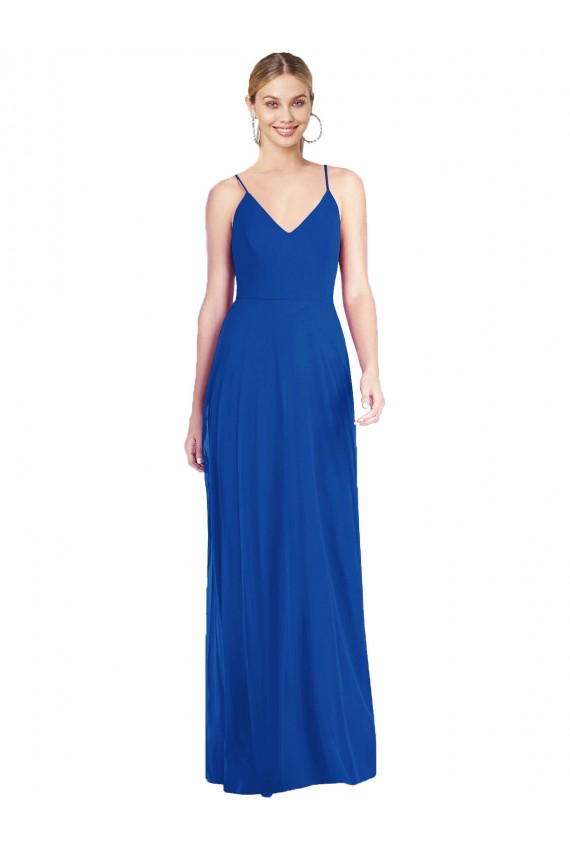 Compra Azul real línea A Tirantes espagueti Cuello en V Gasa Largo Vestidos de dama de honor