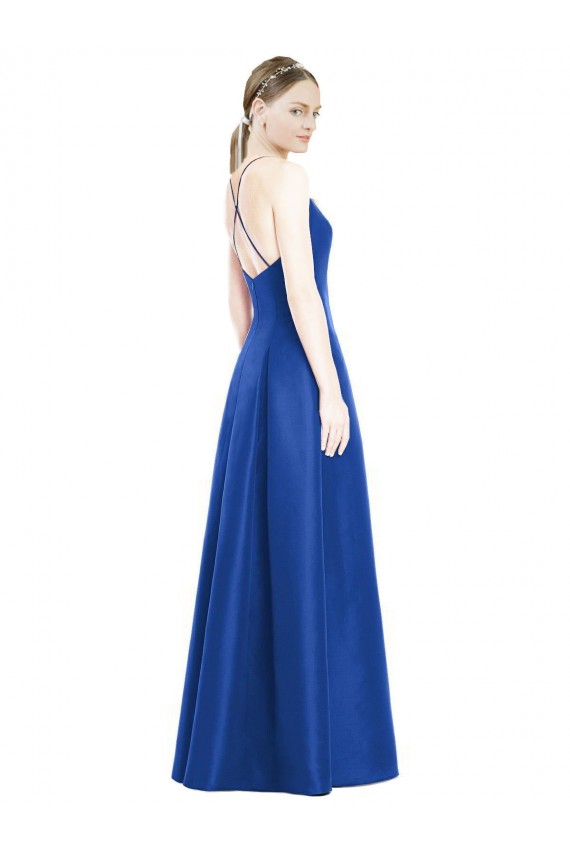 Compra Azul real línea A Tirantes espagueti Cuello en V Satén Largo Vestidos de dama de honor