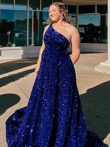 Azul real línea A Un Hombre Barrer tren Lentejuelas Terciopelo Largo Vestidos de fiesta Venta