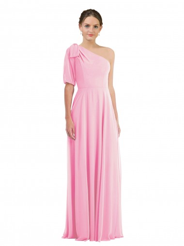 Barely rosa Trompeta Un Hombre Gasa Largo Vestidos de dama de honor Venta