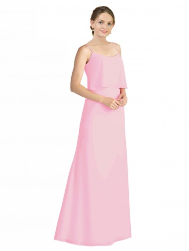 Barely rosa línea A Tirantes espagueti Gasa Largo Vestidos de dama de honor Venta