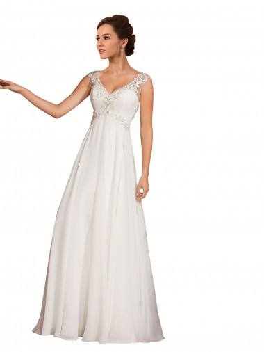 Blanco Cubierta Cuello en V Cola capilla Gasa Encaje Vestidos de novia Venta