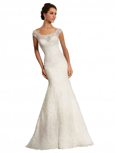 Blanco Sirena Barco Cola capilla Encaje Vestidos de novia Venta