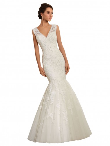 Blanco Sirena Cuello en V Cola capilla Tul Encaje Vestidos de novia Venta