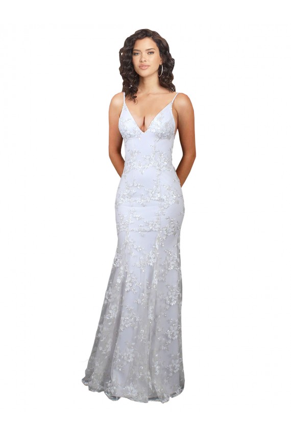 Compra Blanco Sirena Cuello en V Cuello Alto Crepé Elástico Lentejuela Tul Largo Formales Vestidos de dama de honor / Vestidos de fiesta