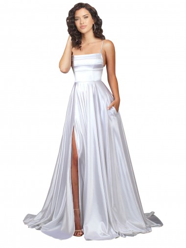 Blanco línea A Tirantes espagueti Satén elástico Sencillo Playa Vestidos de novia Venta