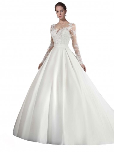 Blanco línea A Ilusión Tren catedral Satén Encaje Vestidos de novia Venta