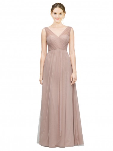 Blush línea A Cuello en V Tul Largo Vestidos de dama de honor Venta