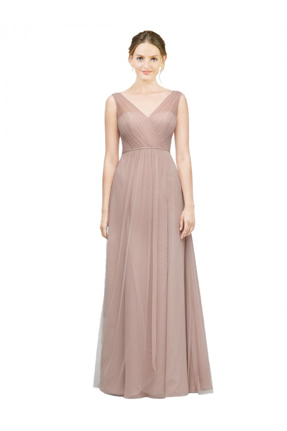 Compra Blush línea A Cuello en V Tul Largo Vestidos de dama de honor
