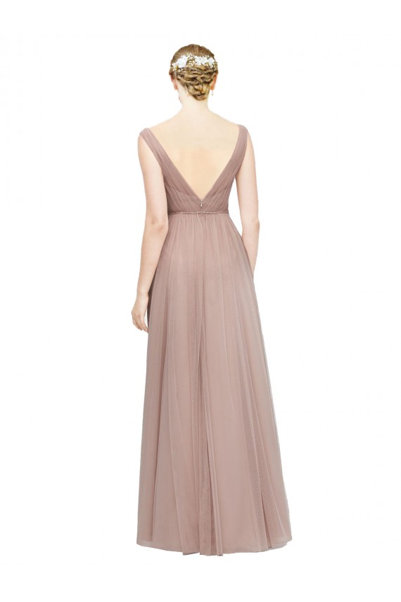 Compra Blush línea A Cuello en V Tul Largo Vestidos de dama de honor