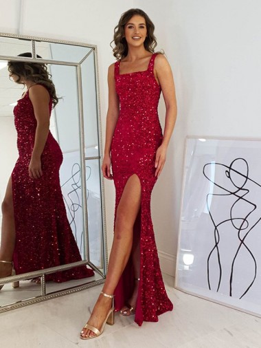 Borgoña Cubierta Cuadrado Lentejuelas Terciopelo Largo Vestidos de fiesta Venta