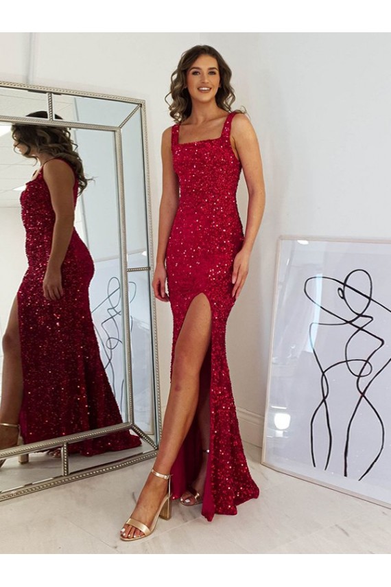 Compra Borgoña Cubierta Cuadrado Lentejuelas Terciopelo Largo Vestidos de fiesta