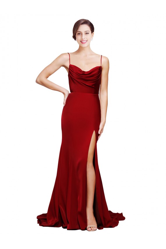 Compra Borgoña Cubierta Tirantes espagueti Barrer tren Satén elástico Largo Formales Vestidos de dama de honor / Vestidos de fiesta