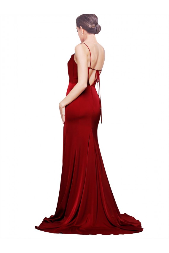 Compra Borgoña Cubierta Tirantes espagueti Barrer tren Satén elástico Largo Formales Vestidos de dama de honor / Vestidos de fiesta
