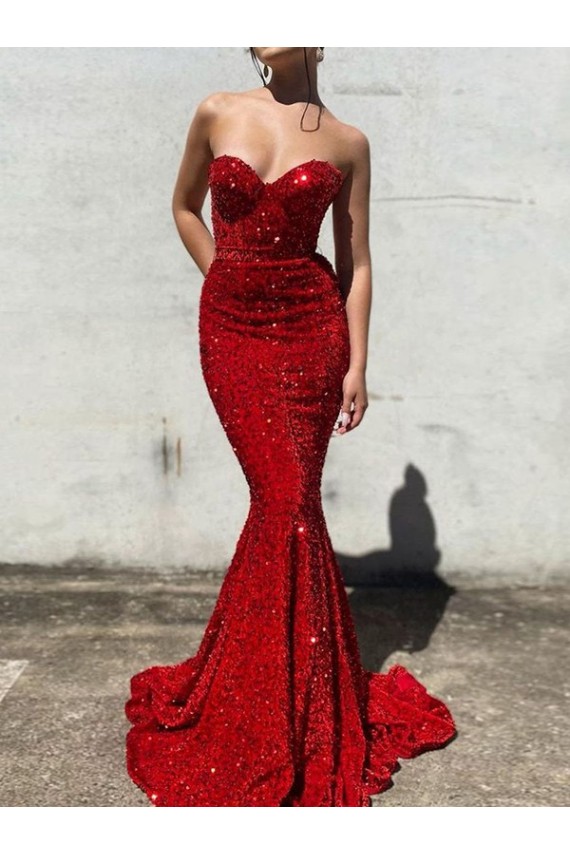 Compra Borgoña Sirena Cuello de Corazón Cola corte Lentejuelas Terciopelo Largo Vestidos de fiesta