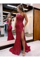 Compra Borgoña Sirena Un Hombre Barrer tren Lentejuelas Terciopelo Largo Vestidos de fiesta