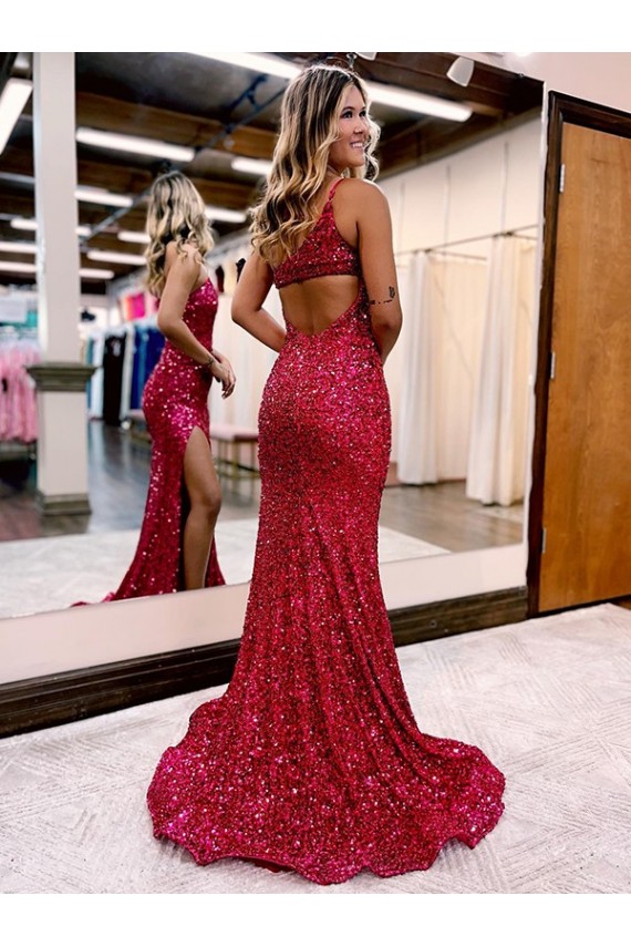 Compra Borgoña Sirena Un Hombre Barrer tren Lentejuelas Terciopelo Largo Vestidos de fiesta