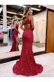 Compra Borgoña Sirena Un Hombre Barrer tren Lentejuelas Terciopelo Largo Vestidos de fiesta
