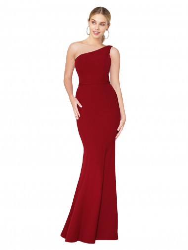 Borgoña Sirena Un Hombre Cuello Alto Crepé Elástico Largo Formales Vestidos de dama de honor / Vestidos de fiesta Venta