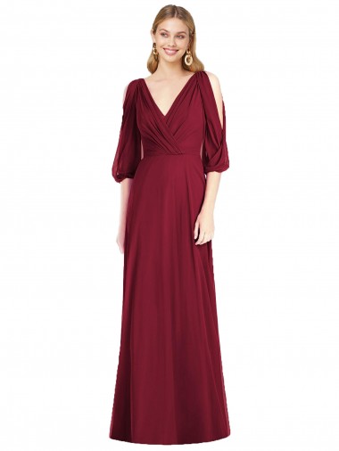 Borgoña Trompeta Cuello en V Gasa Largo Vestidos de dama de honor Venta